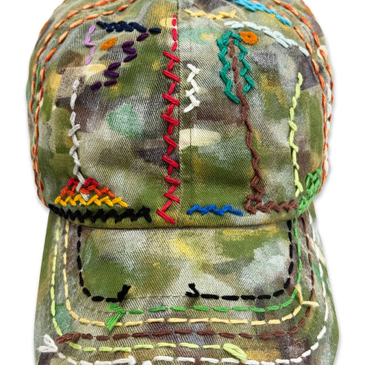 Suture Studios 1 of 1 Hand Painted & Sashiko Embroidered 6-Panel Camouflage Hat