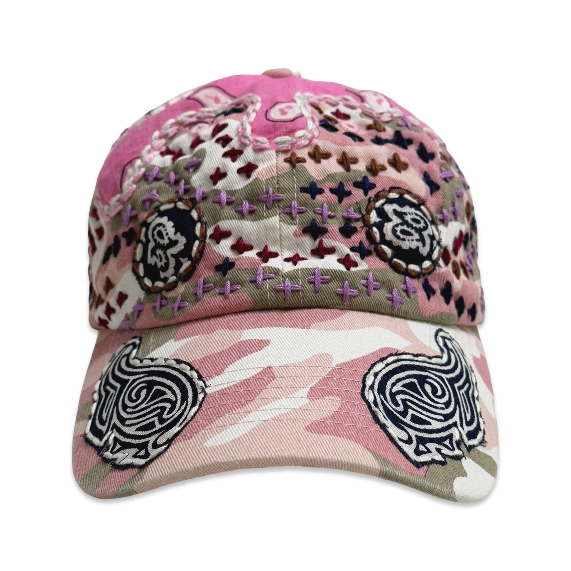 Suture Hand Embroidered Jujizashi Sashiko 6-Panel Paisley Camouflage Hat Pink
