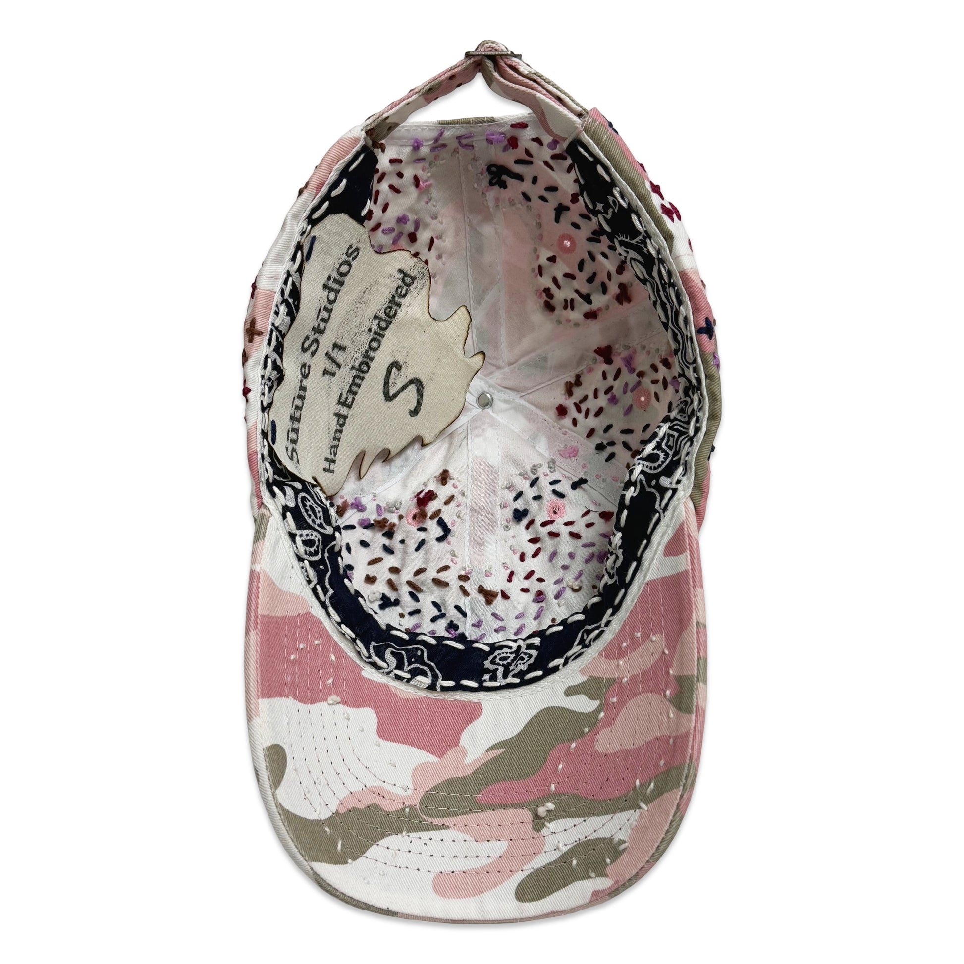 Suture Hand Embroidered Jujizashi Sashiko 6-Panel Paisley Camouflage Hat Pink