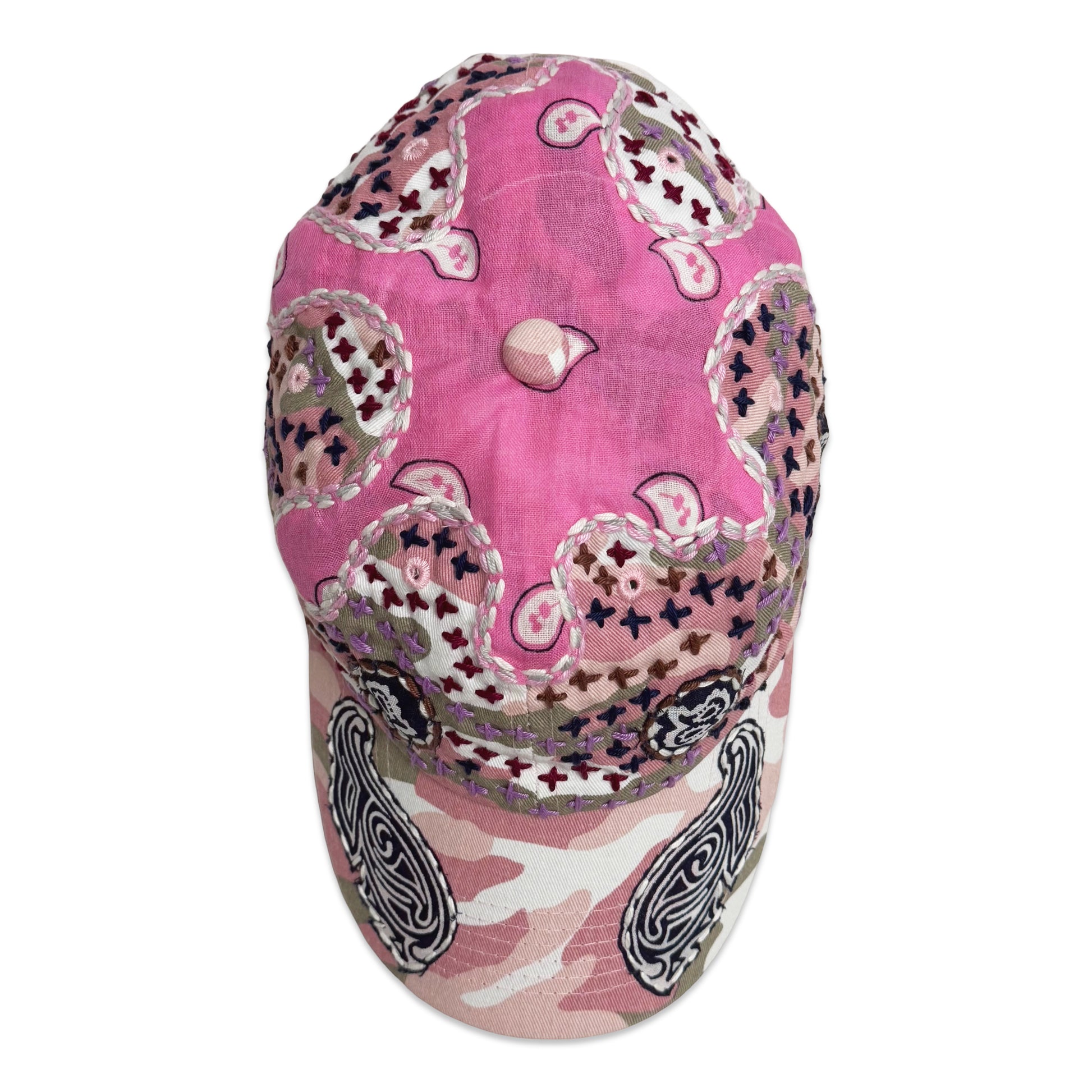 Suture Hand Embroidered Jujizashi Sashiko 6-Panel Paisley Camouflage Hat Pink