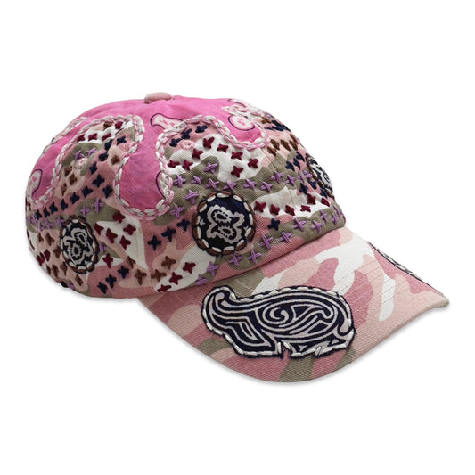 Suture Hand Embroidered Jujizashi Sashiko 6-Panel Paisley Camouflage Hat Pink