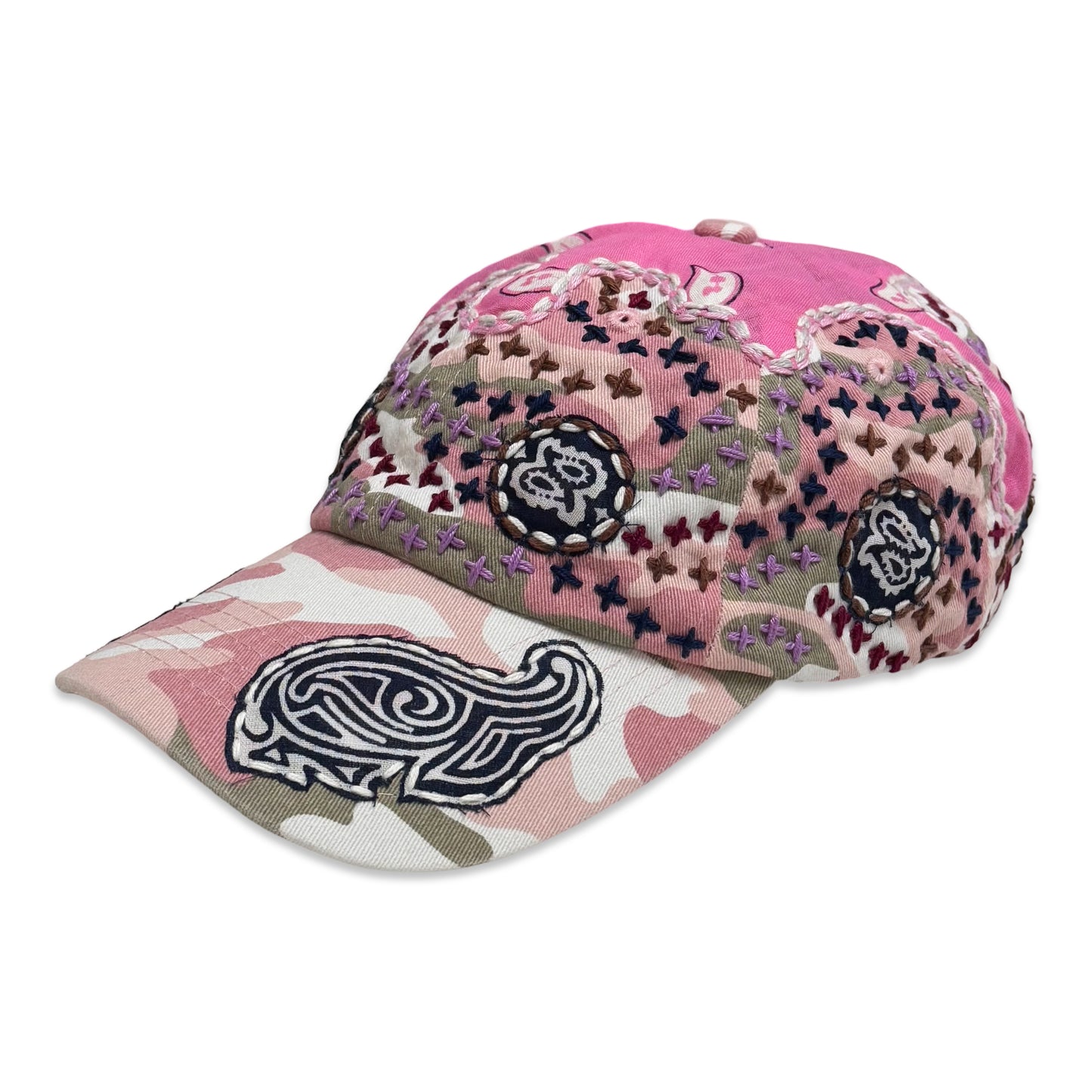 Suture Hand Embroidered Jujizashi Sashiko 6-Panel Paisley Camouflage Hat Pink