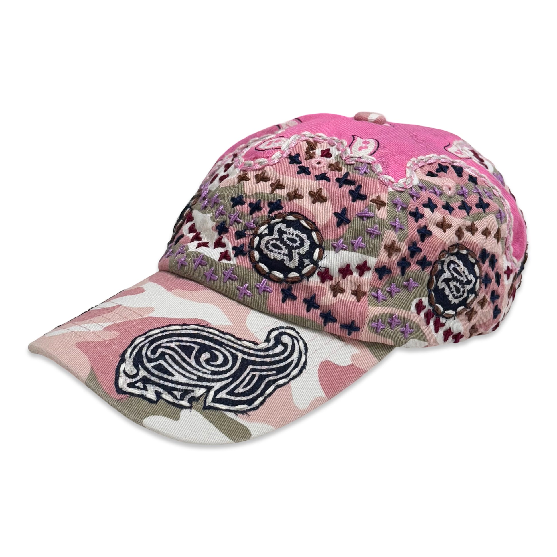 Suture Hand Embroidered Jujizashi Sashiko 6-Panel Paisley Camouflage Hat Pink