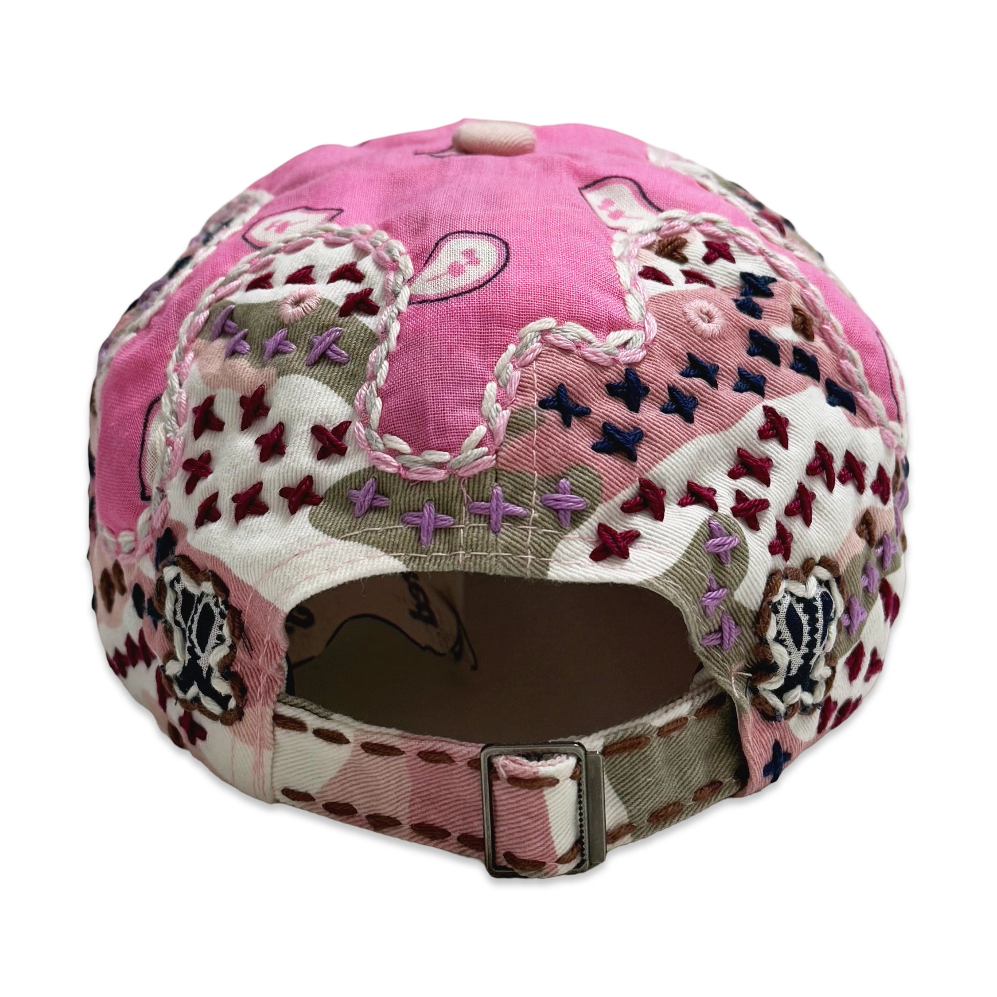 Suture Hand Embroidered Jujizashi Sashiko 6-Panel Paisley Camouflage Hat Pink