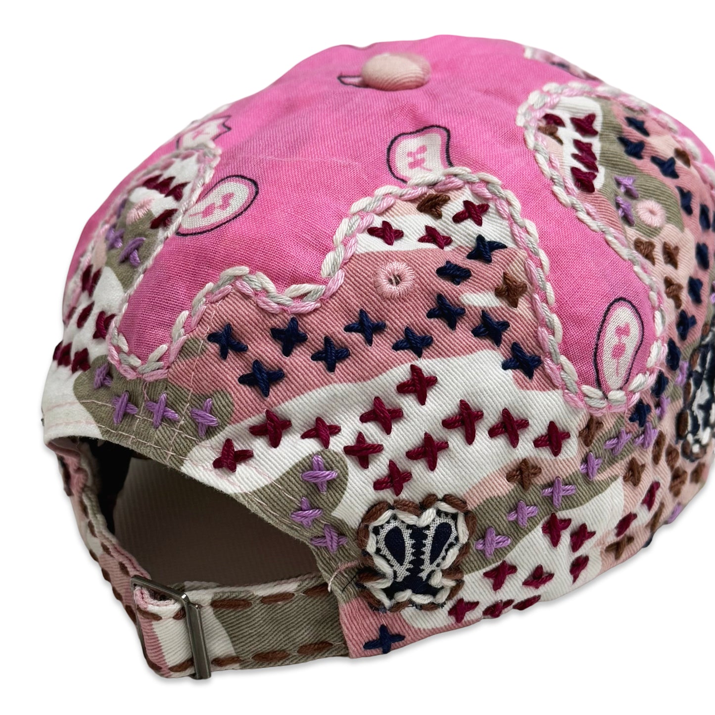 Suture Hand Embroidered Jujizashi Sashiko 6-Panel Paisley Camouflage Hat Pink