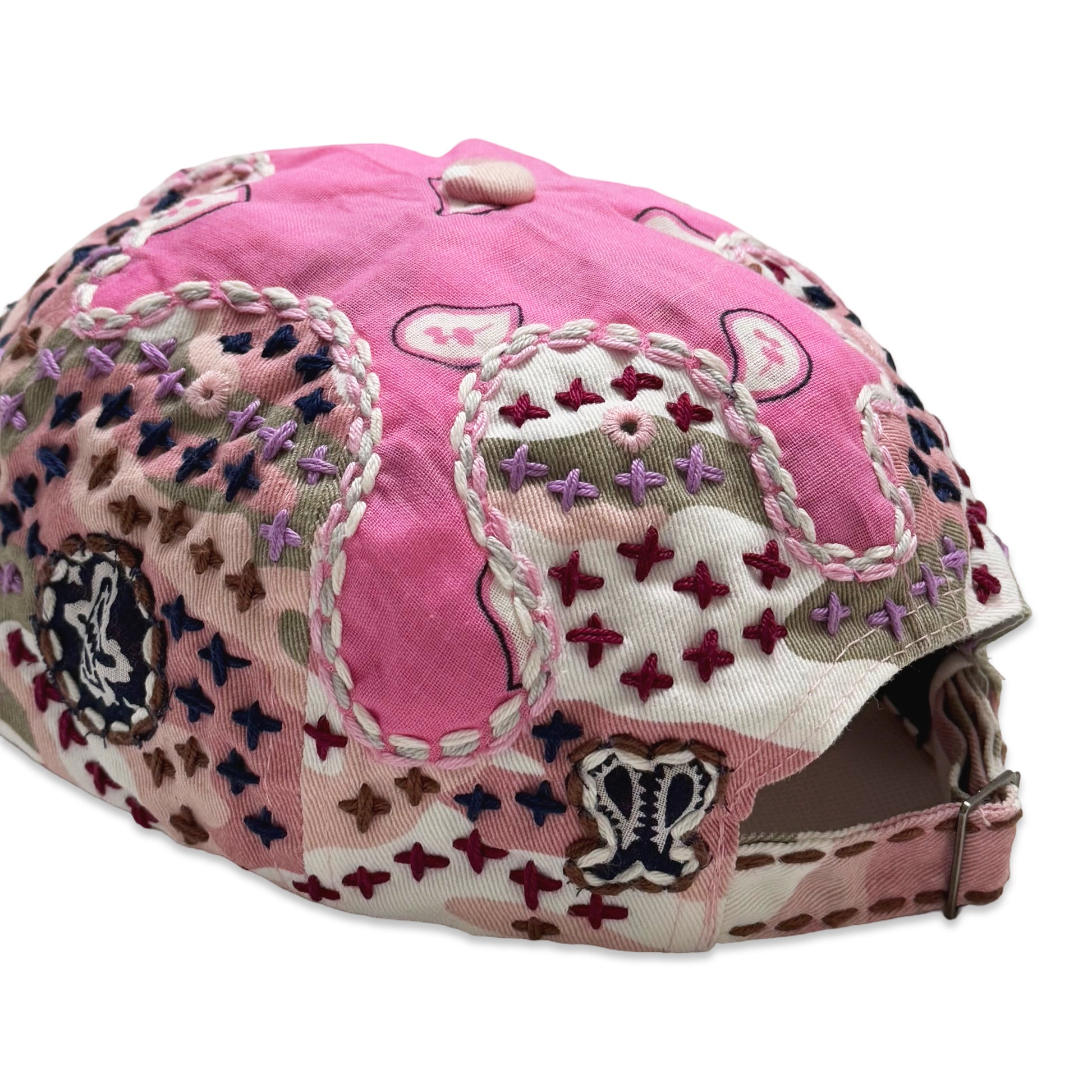 Suture Hand Embroidered Jujizashi Sashiko 6-Panel Paisley Camouflage Hat Pink