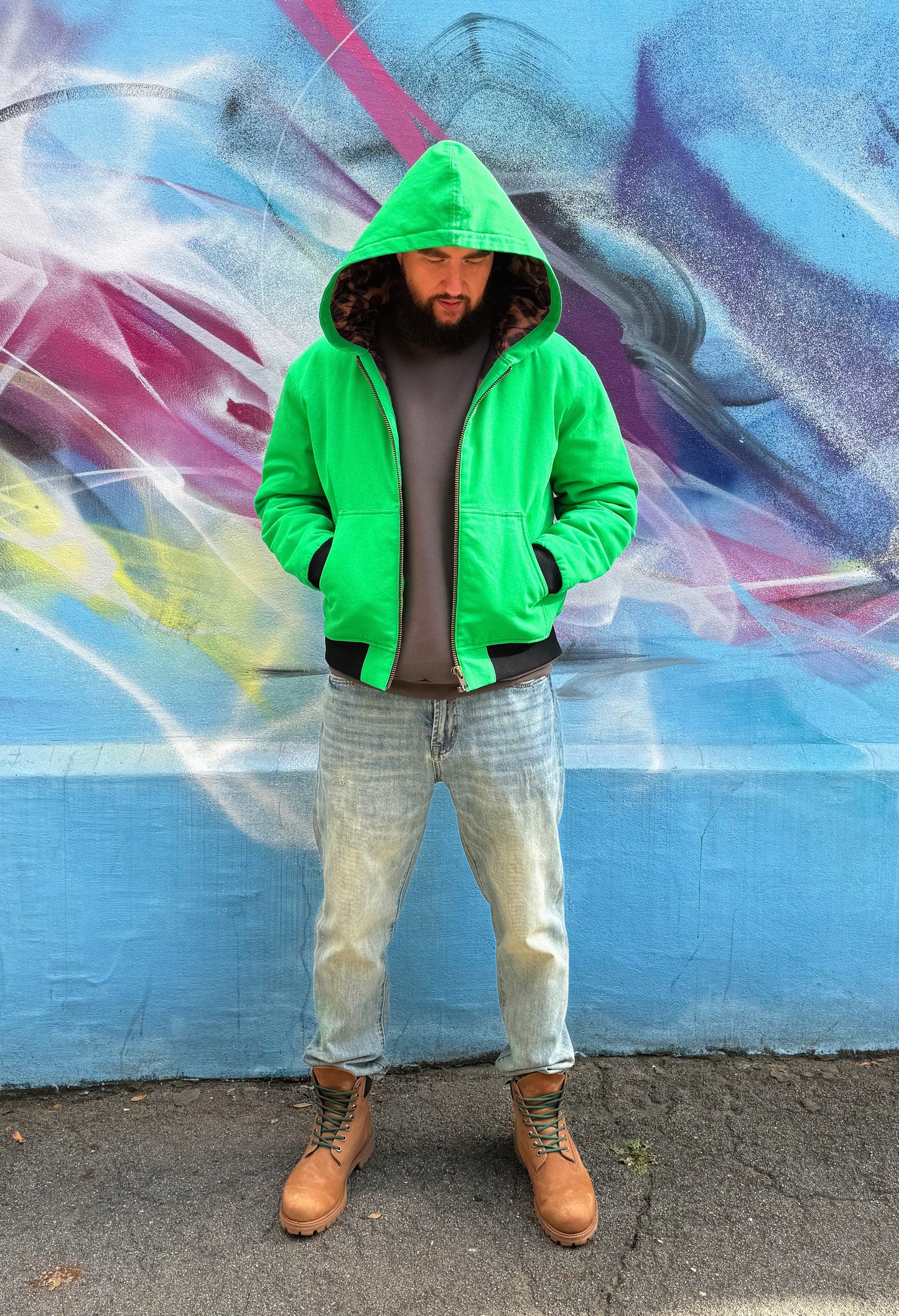 Canvas Hooded Work Jacket Green / Leopard