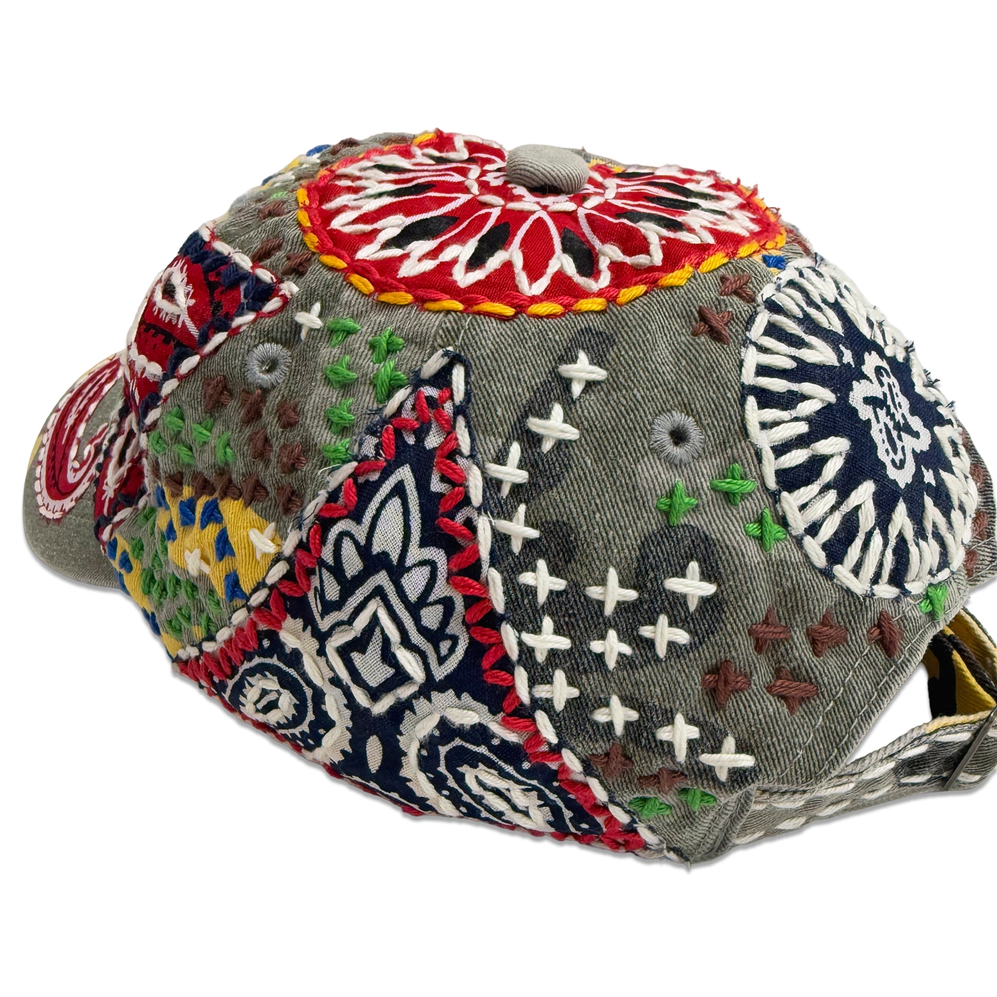 Suture Studios Hand Embroidered Jujizash Sashiko 6-Panel Paisley Camouflage Hat Yellow