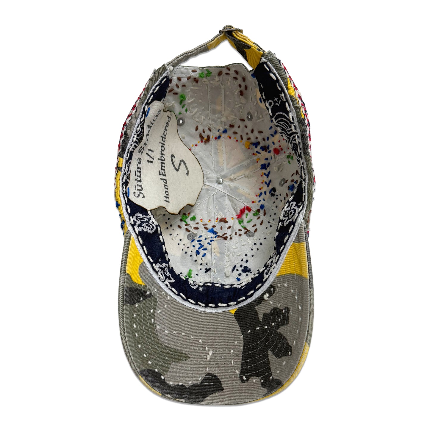 Suture Studios Hand Embroidered Jujizash Sashiko 6-Panel Paisley Camouflage Hat Yellow