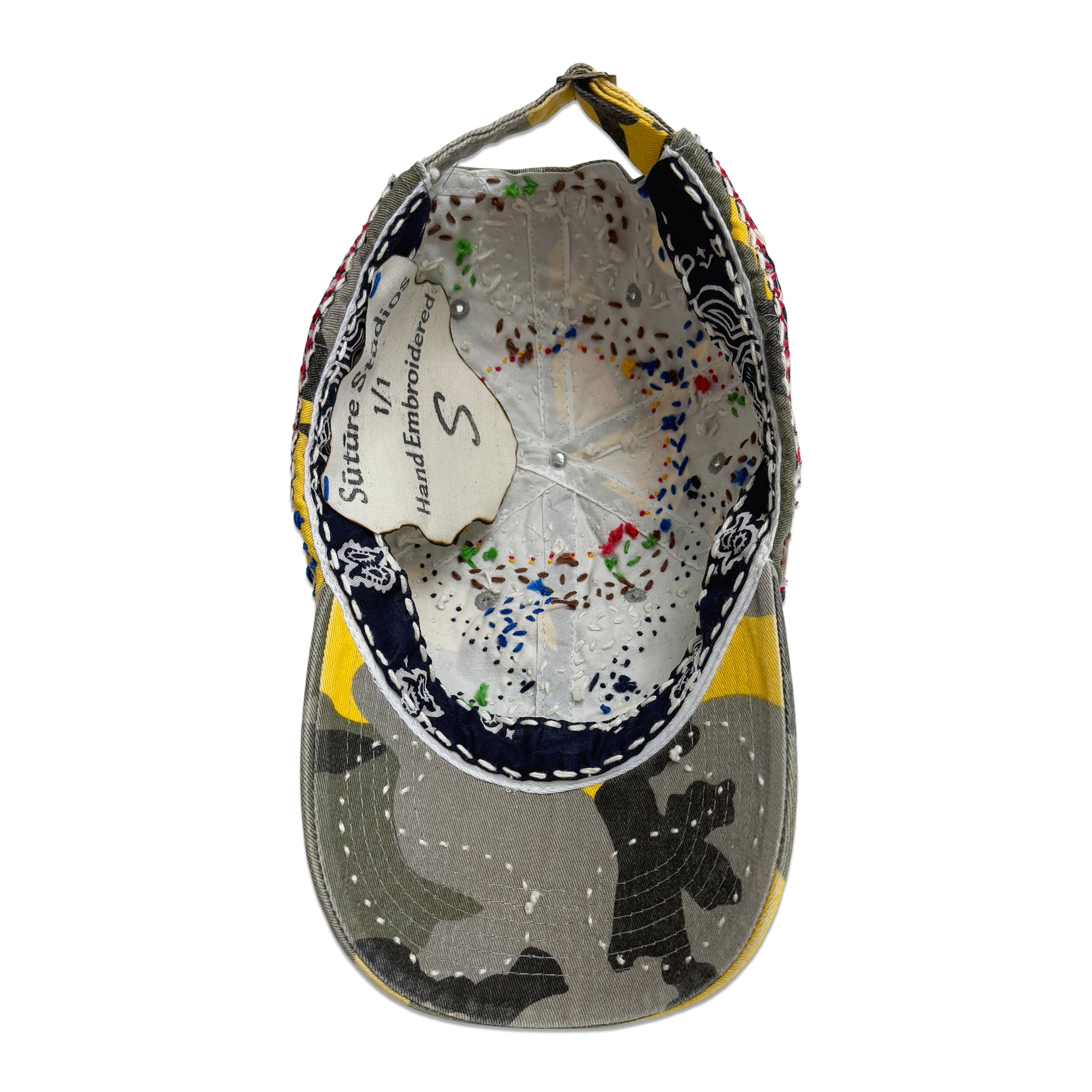 Suture Studios Hand Embroidered Jujizash Sashiko 6-Panel Paisley Camouflage Hat Yellow
