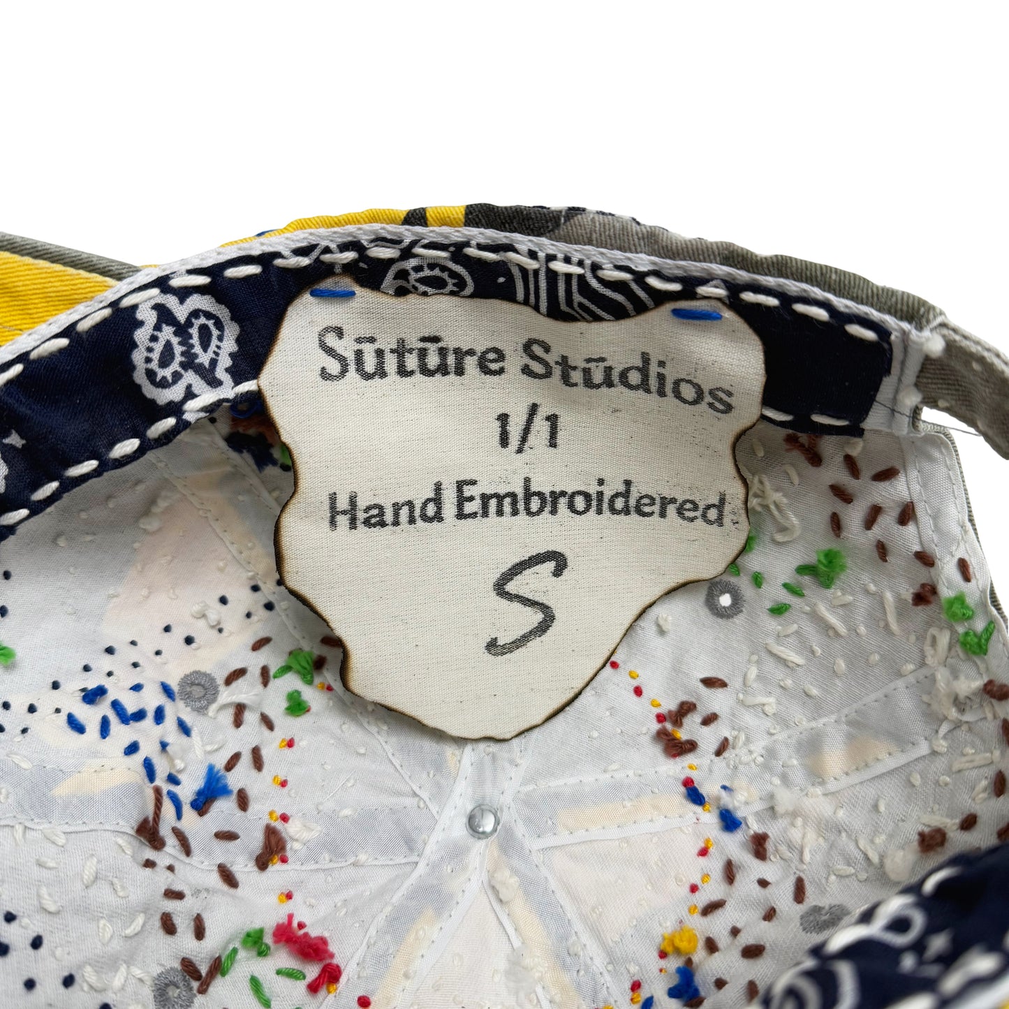 Suture Studios Hand Embroidered Jujizash Sashiko 6-Panel Paisley Camouflage Hat Yellow