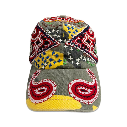 Suture Studios Hand Embroidered Jujizash Sashiko 6-Panel Paisley Camouflage Hat Yellow
