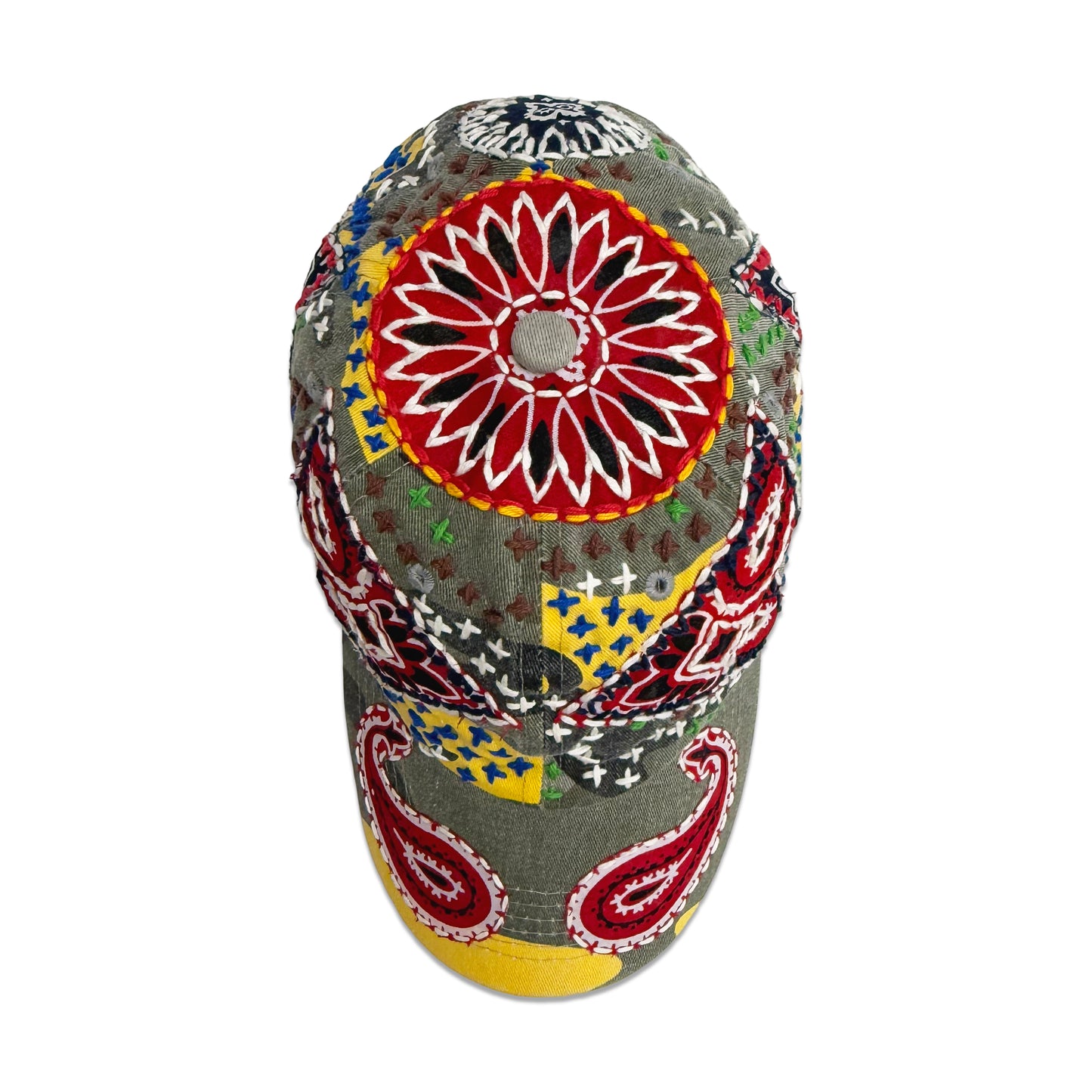 Suture Studios Hand Embroidered Jujizash Sashiko 6-Panel Paisley Camouflage Hat Yellow