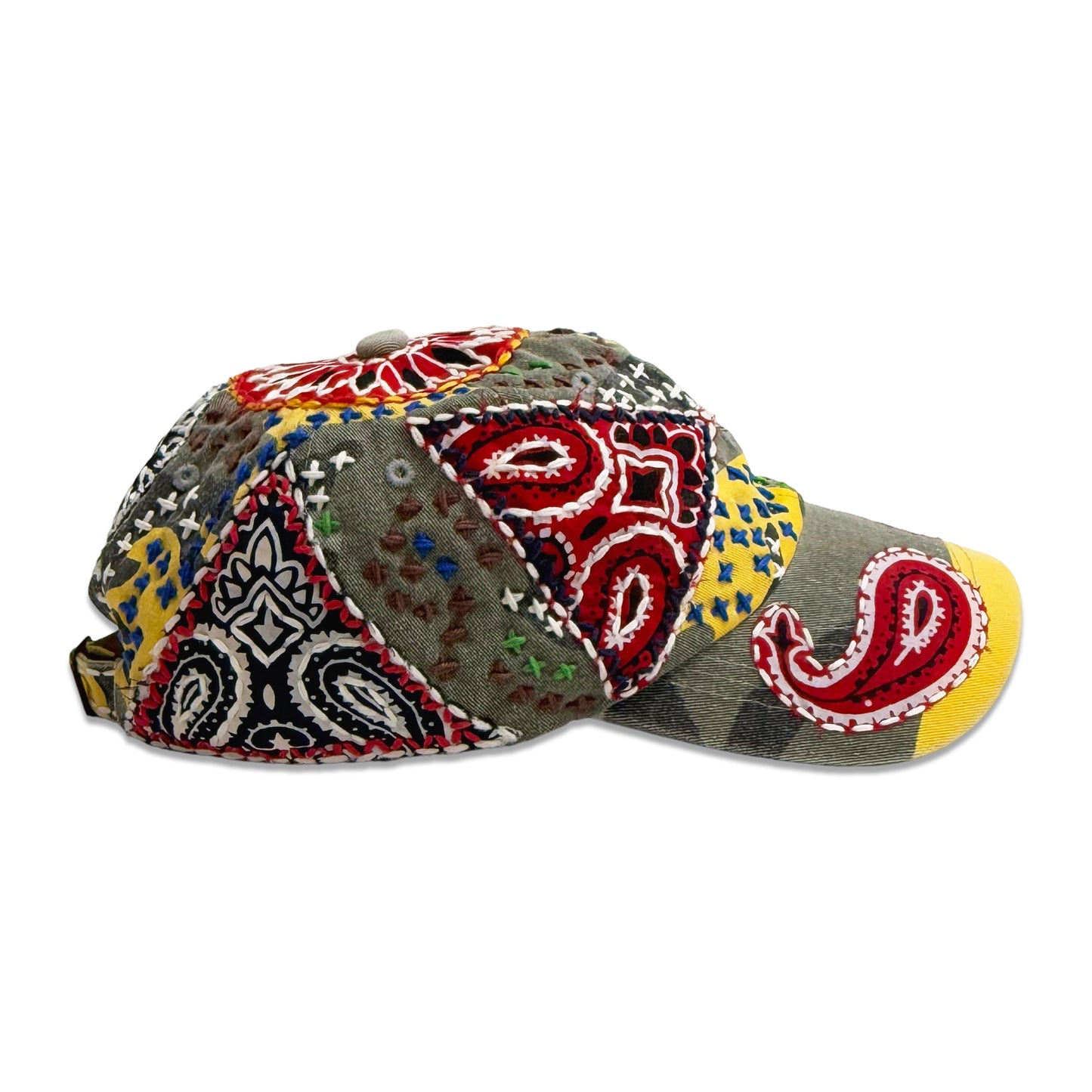 Suture Studios Hand Embroidered Jujizash Sashiko 6-Panel Paisley Camouflage Hat Yellow