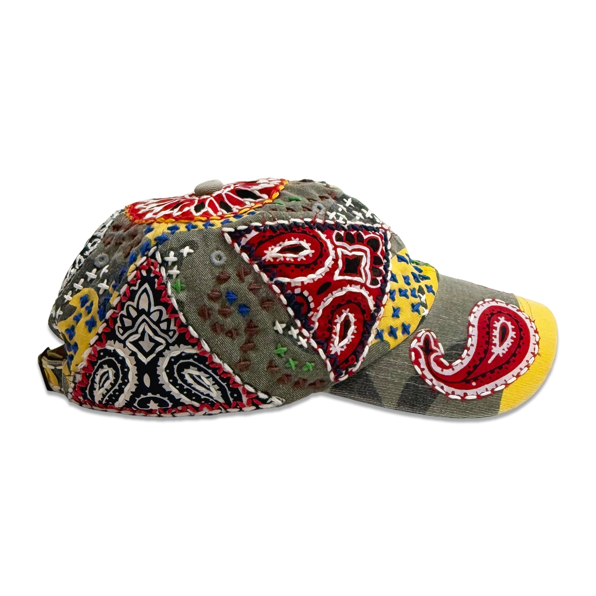 Suture Studios Hand Embroidered Jujizash Sashiko 6-Panel Paisley Camouflage Hat Yellow