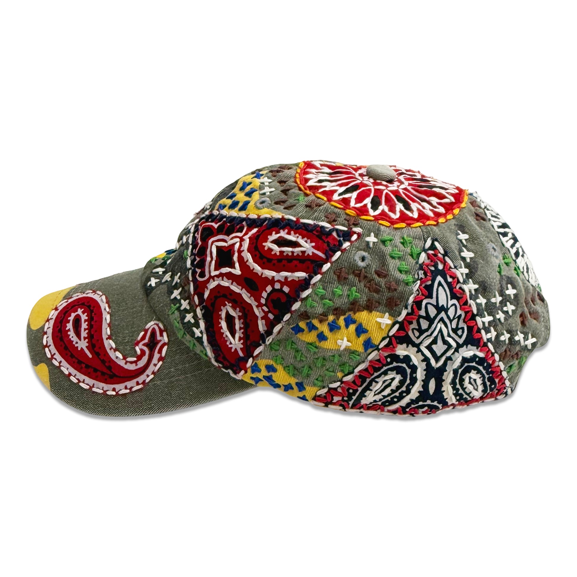 Suture Studios Hand Embroidered Jujizash Sashiko 6-Panel Paisley Camouflage Hat Yellow