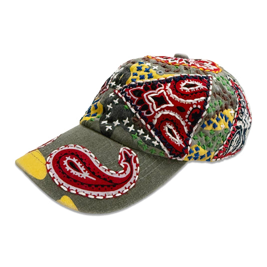 Suture Studios Hand Embroidered Jujizash Sashiko 6-Panel Paisley Camouflage Hat Yellow