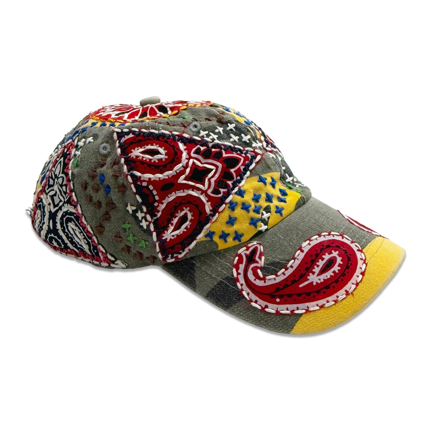 Suture Studios Hand Embroidered Jujizash Sashiko 6-Panel Paisley Camouflage Hat Yellow