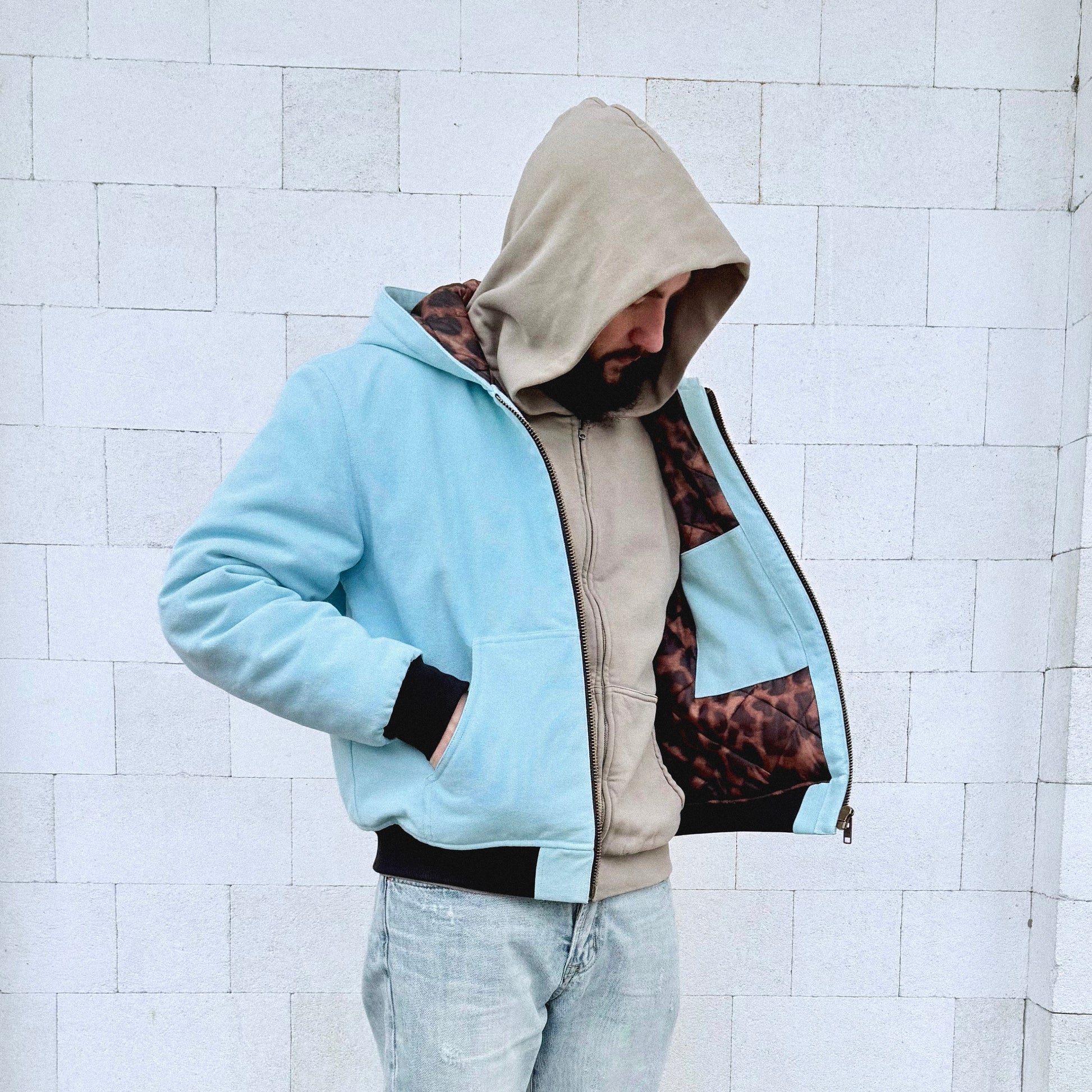 Suture Studios 16oz. Canvas Hooded Work Jacket Light Blue Leopard