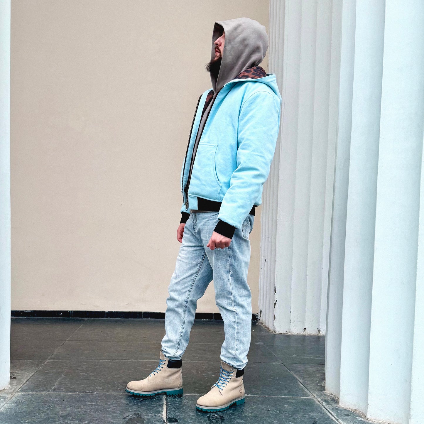 Suture Studios 16oz. Canvas Hooded Work Jacket Light Blue Leopard