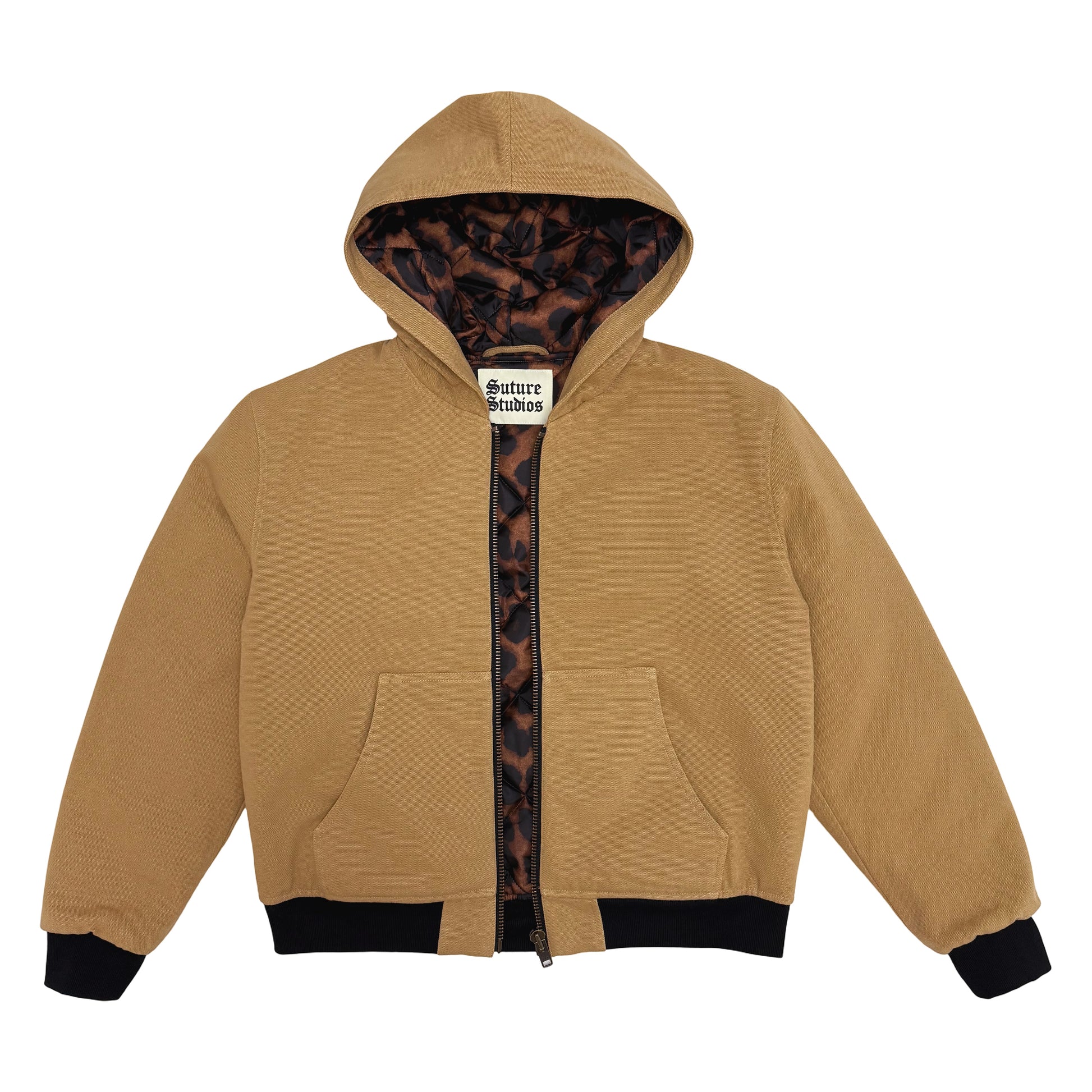 Suture Studios 16oz Duck Canvas Insulated Hooded Work Jacket Leopard Lined British Tan Color