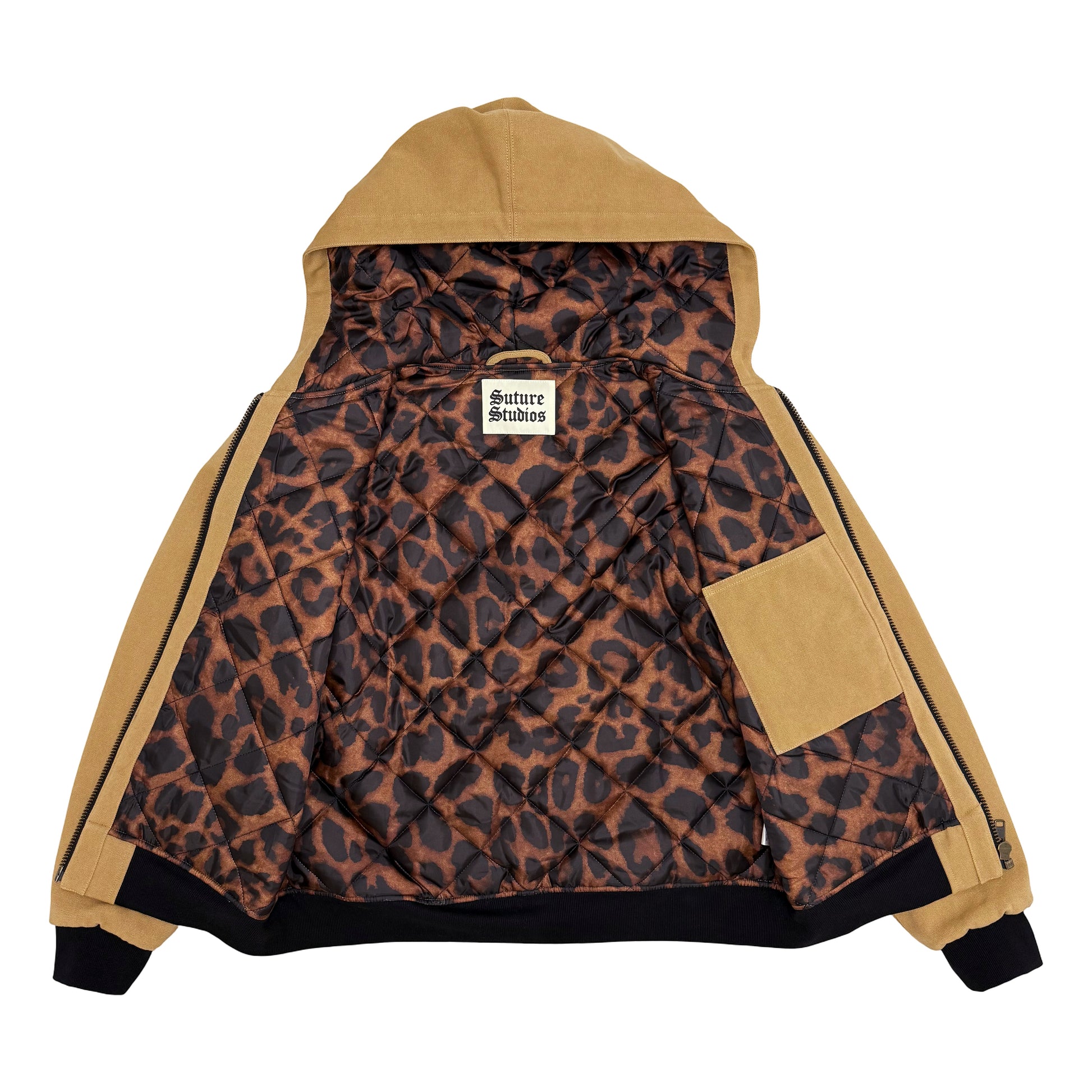 Suture Studios 16oz Duck Canvas Insulated Hooded Work Jacket Leopard Lined British Tan Color