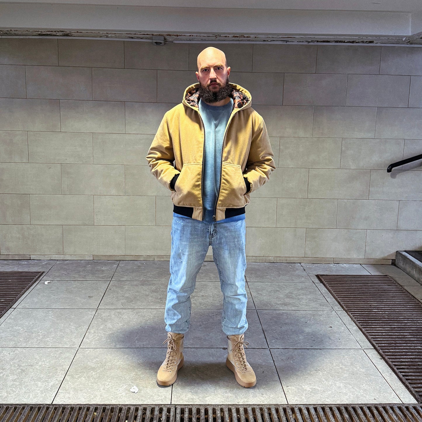 Suture Studios 16oz Duck Canvas Insulated Hooded Work Jacket Leopard Lined British Tan Color