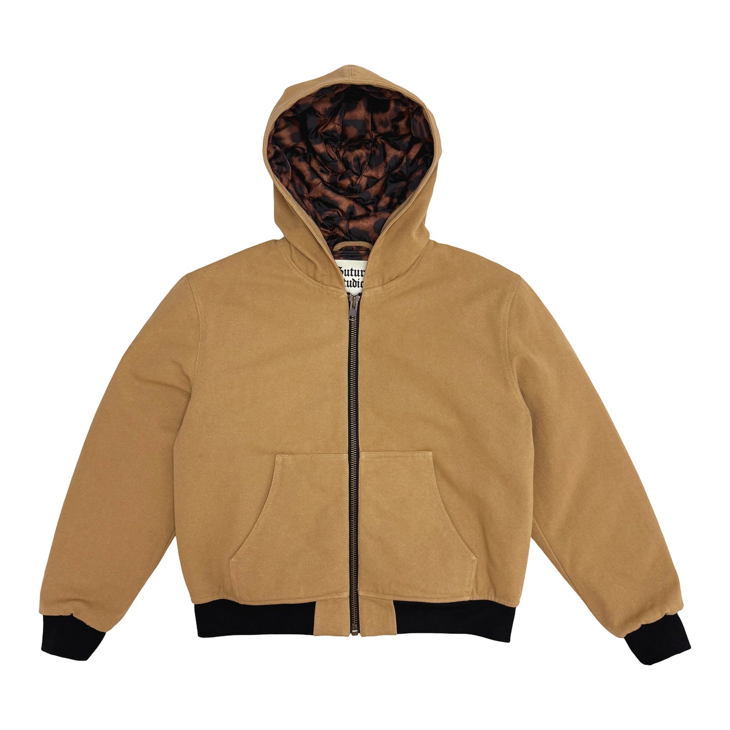 Suture Studios 16oz Duck Canvas Insulated Hooded Work Jacket Leopard Lined British Tan Color