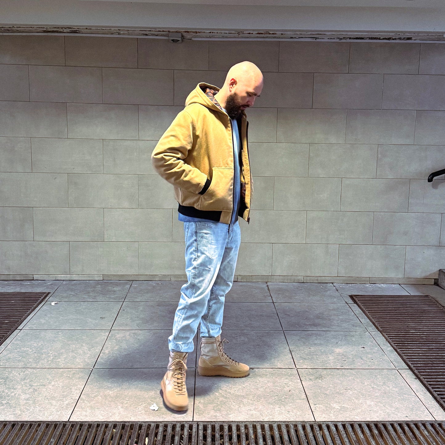 Suture Studios 16oz Duck Canvas Insulated Hooded Work Jacket Leopard Lined British Tan Color