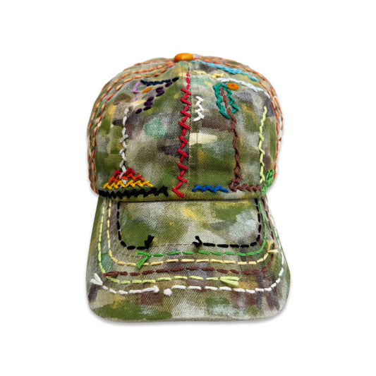 Suture Studios 1 of 1 Hand Painted & Sashiko Embroidered 6-Panel Camouflage Hat