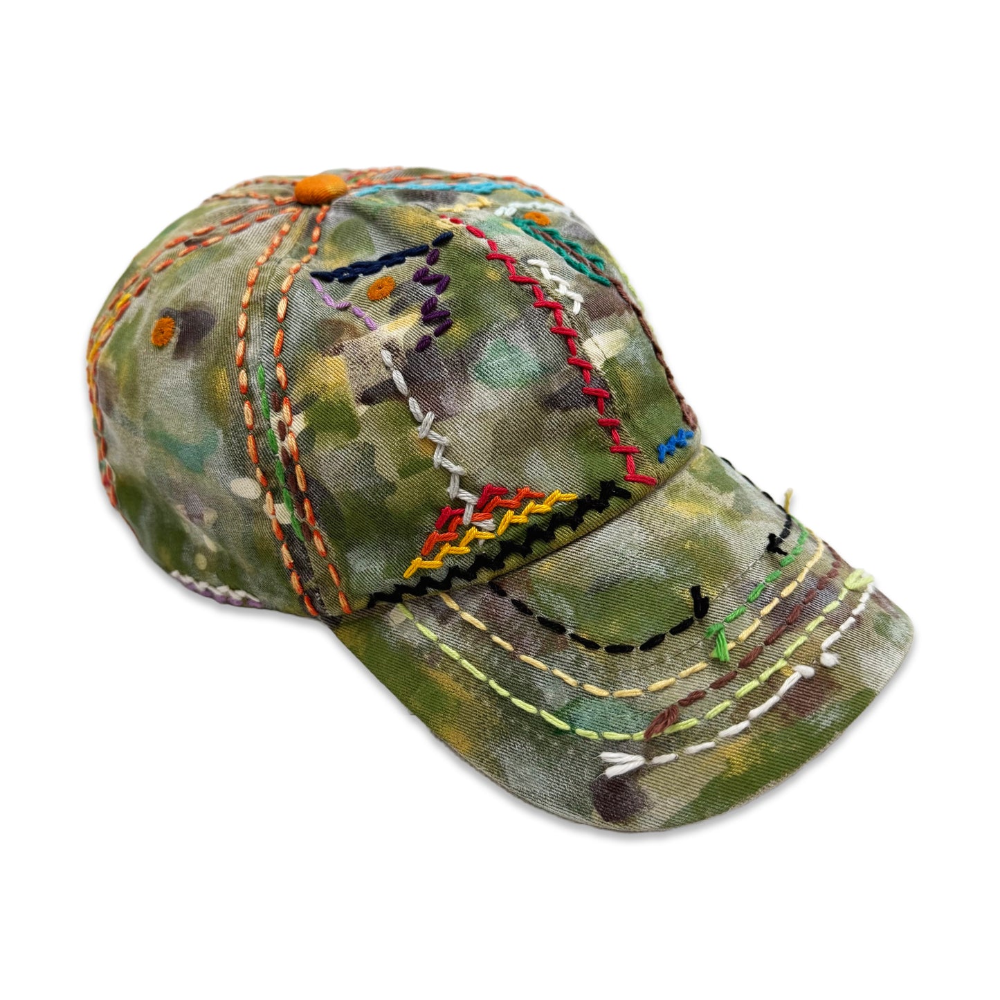 Suture Studios 1 of 1 Hand Painted & Sashiko Embroidered 6-Panel Camouflage Hat