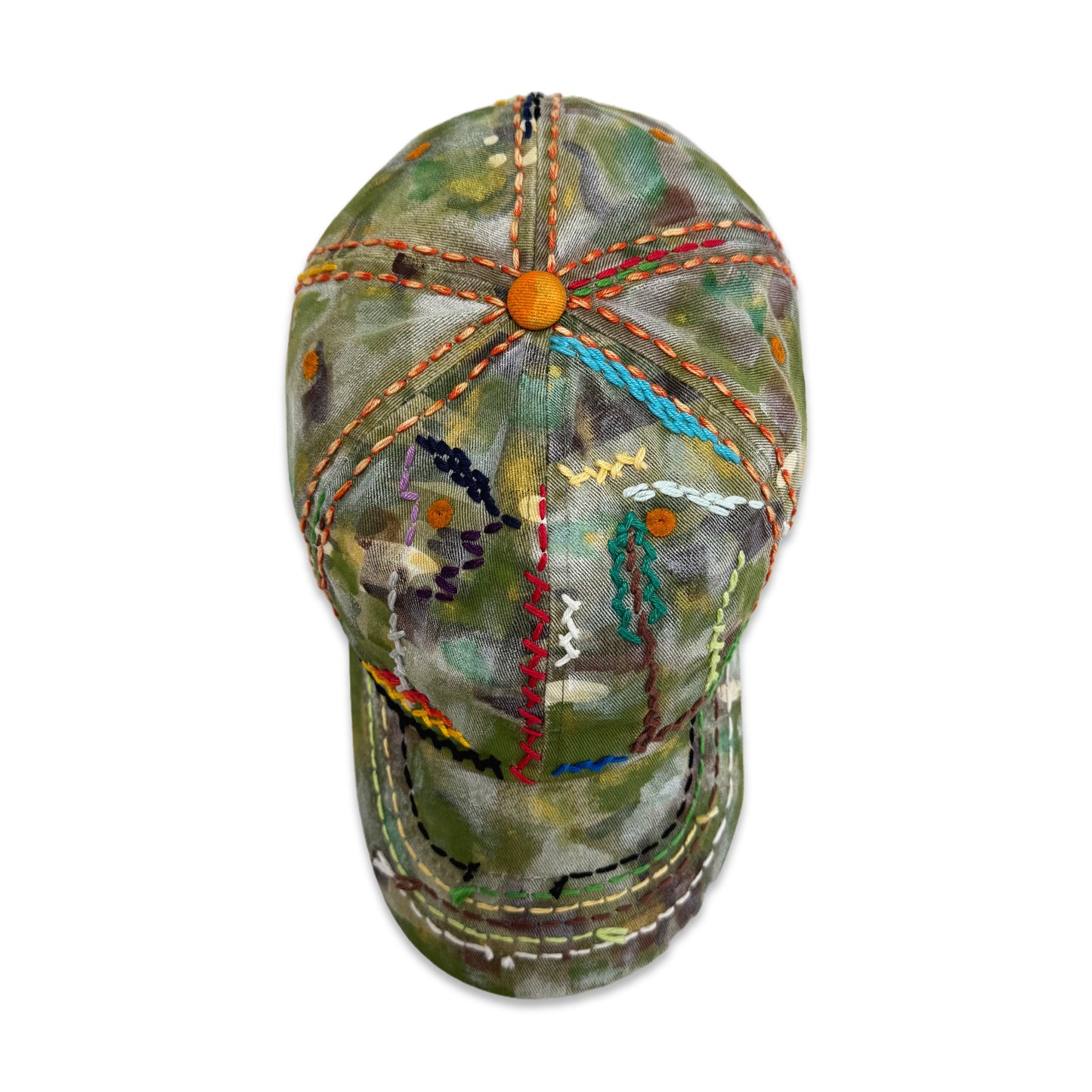 Suture Studios 1 of 1 Hand Painted & Sashiko Embroidered 6-Panel Camouflage Hat